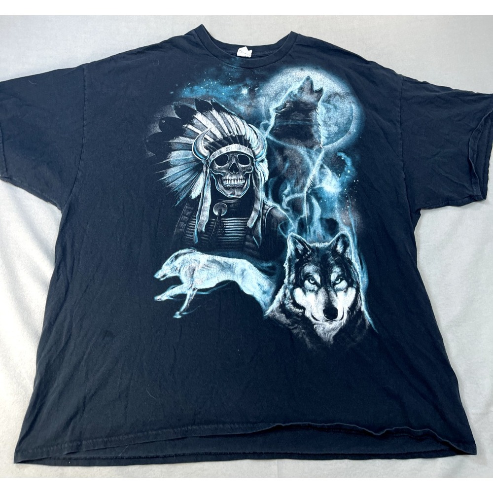 Vintage T Shirt Skeleton Indian Chief 3 XL‎ Warrior Wolf Adult Black